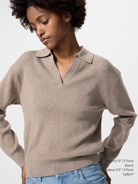 Uniqlo Washable Knit Ribbed Polo Sweater (Khaki)
